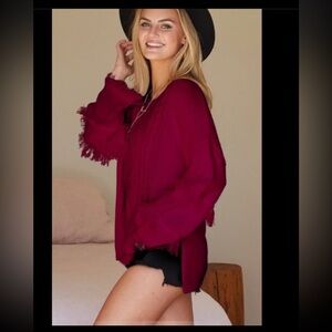 New Scoop Neck Plum Sweater With Fringed Accent Sleeves